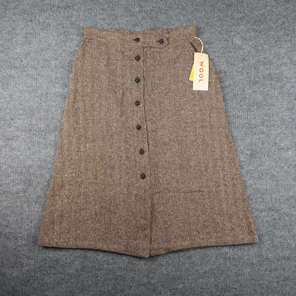 Vintage Wool Blend Skirt Womens Size 15 Brown Tweed Button Front Pockets 70s 80s